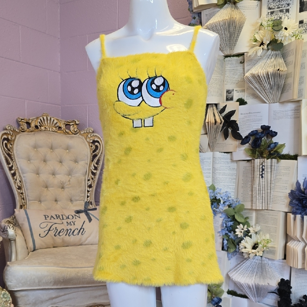 NWT SOLD OUT DollsKill X Spongebob Squarepants Faux Fur Mini Dress SM Yellow
